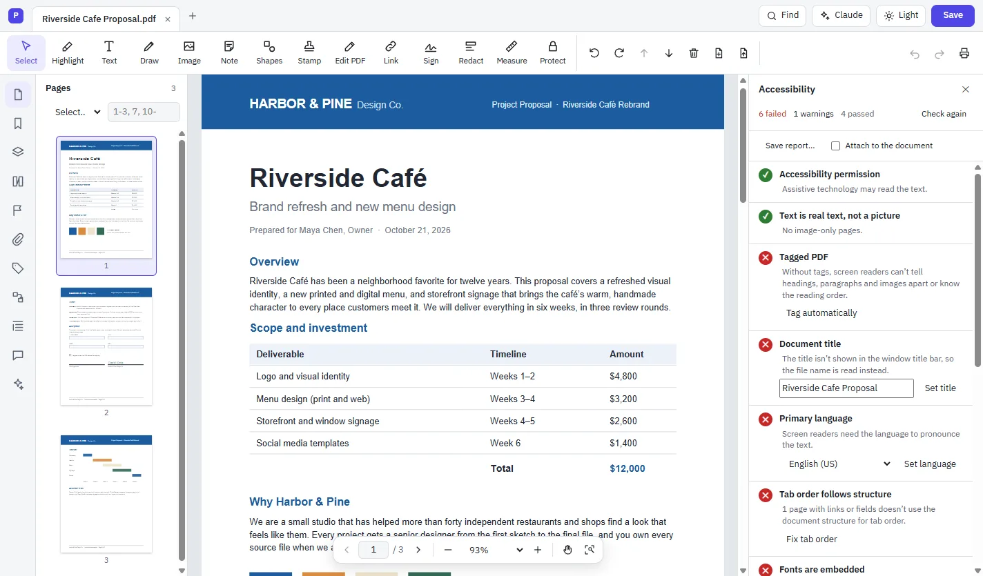 The Accessibility panel listing passed and failed checks with fix buttons