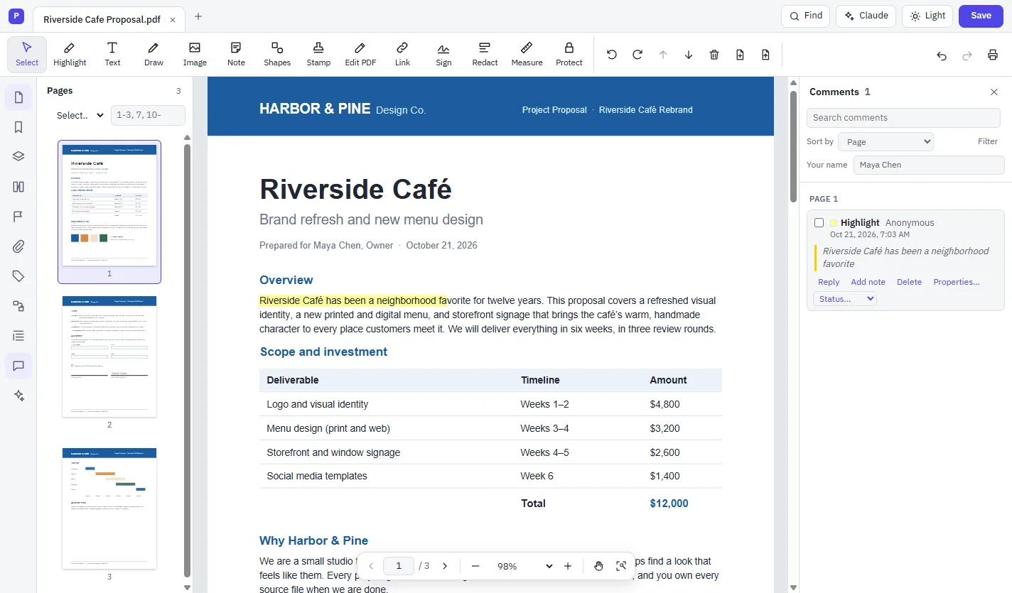 Highlighted text on the page and the Comments panel listing it with Reply, Add note and Status controls