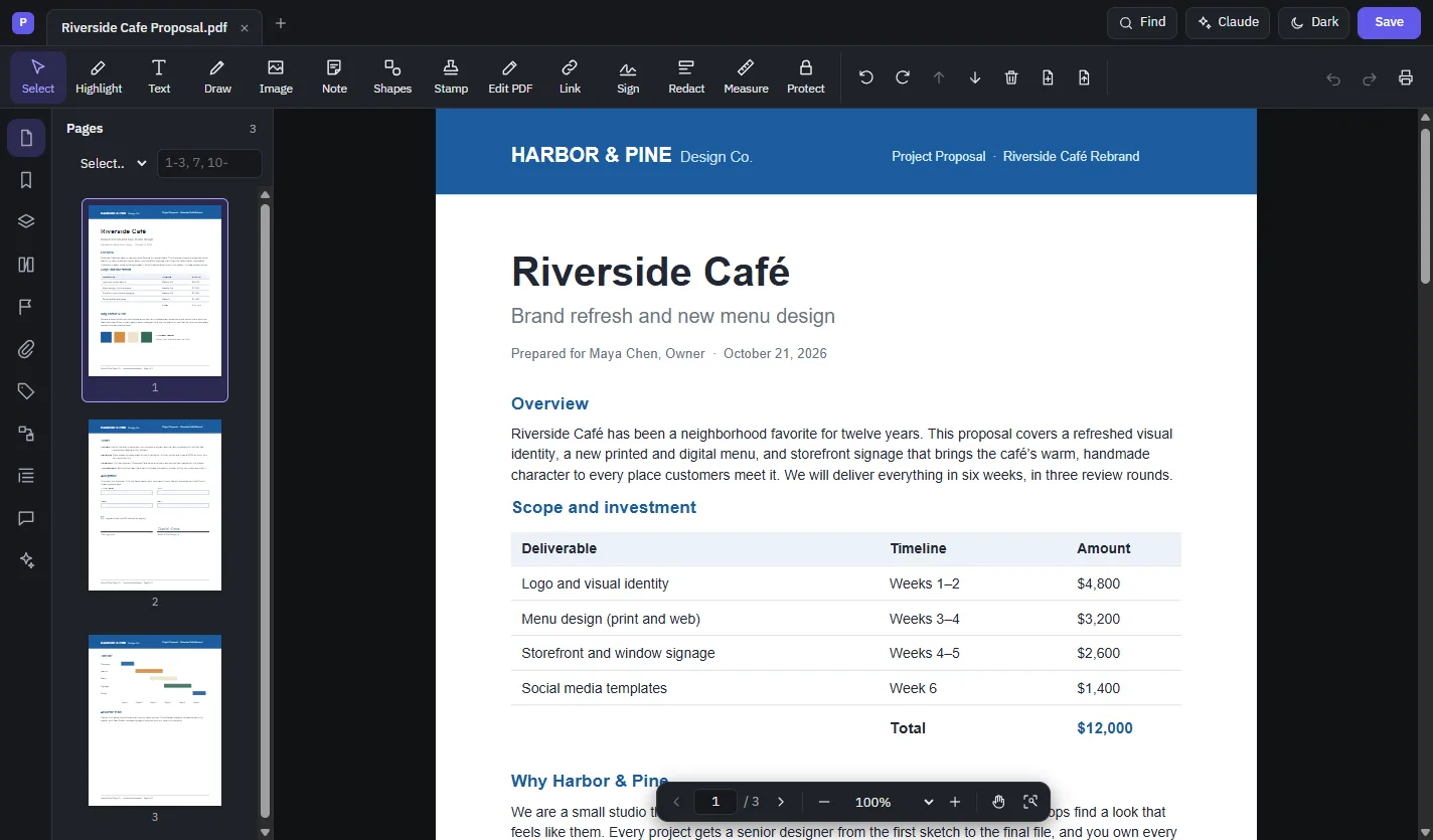 PDF Studio's main window in the dark theme