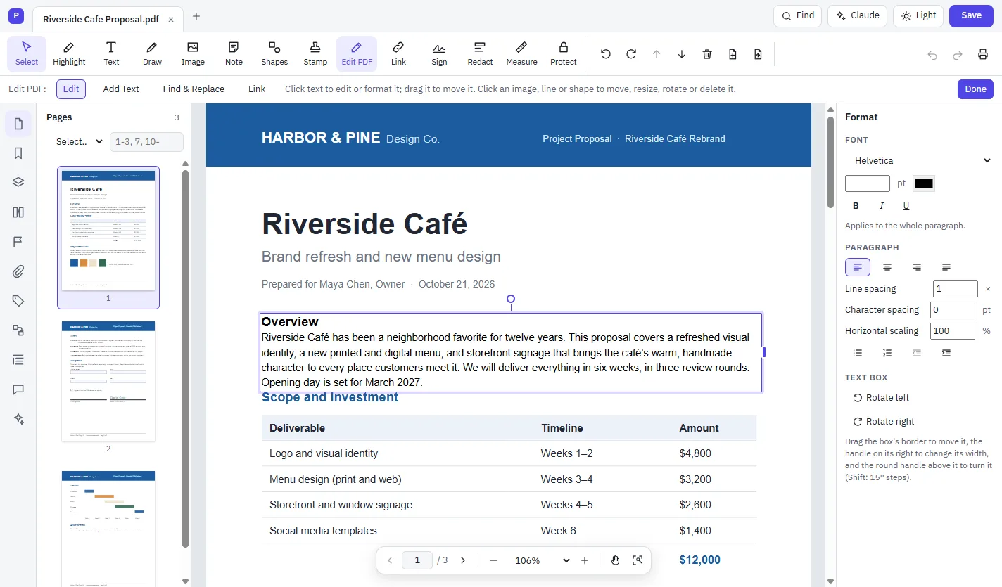 Edit PDF mode with a paragraph being edited and the Format panel showing font and paragraph settings