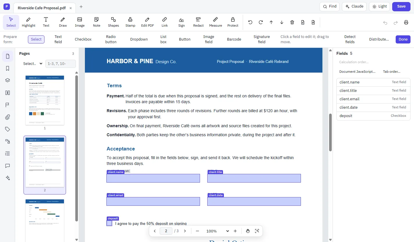 Prepare Form mode with labelled form fields on the page and a Fields list