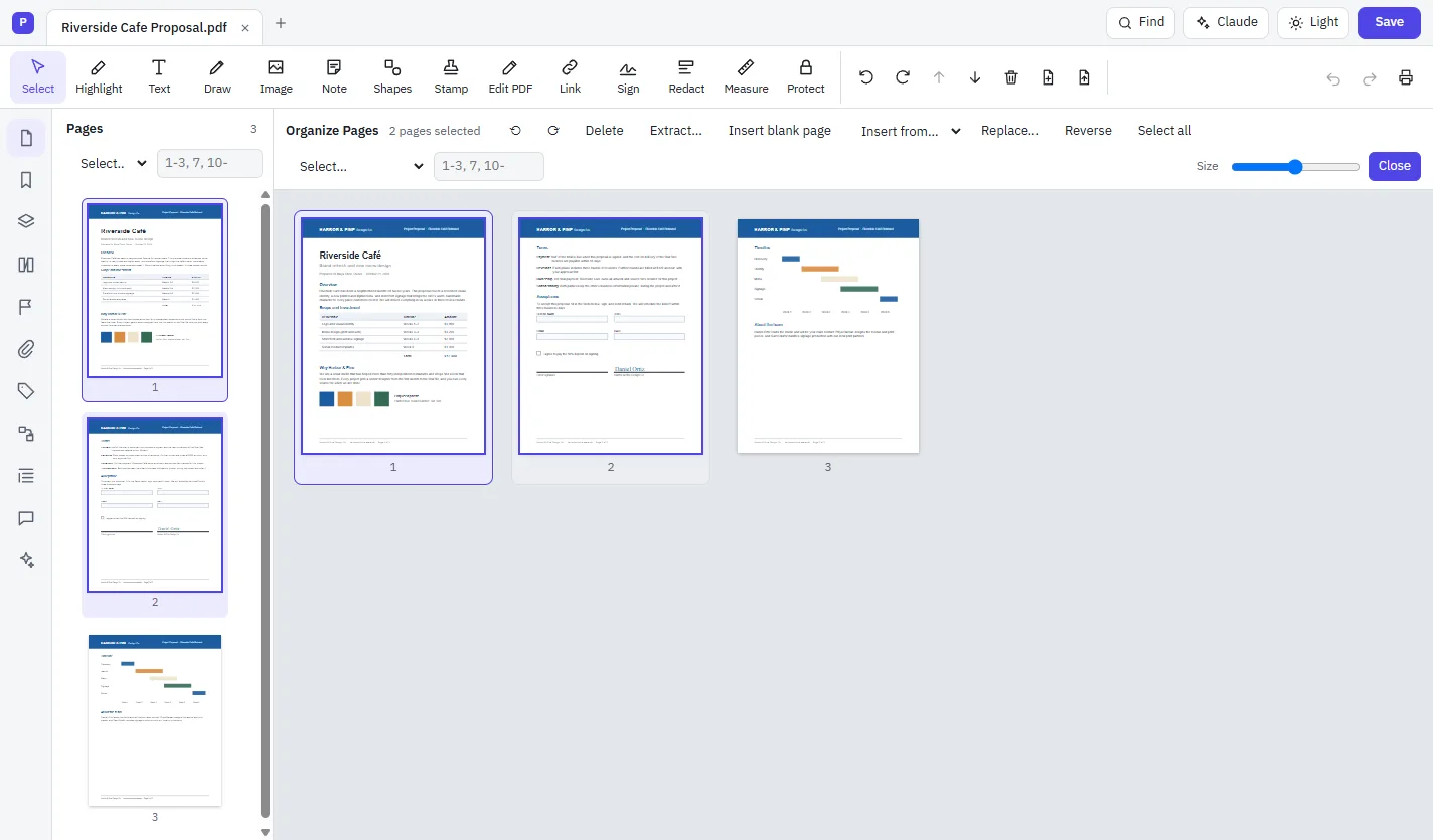 The Organize Pages grid showing three page thumbnails and buttons to rotate, delete, extract, insert and replace