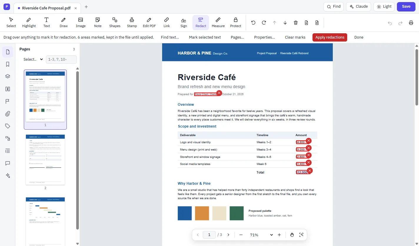 Red redaction marks over the client name and every amount in a pricing table, with an Apply redactions button
