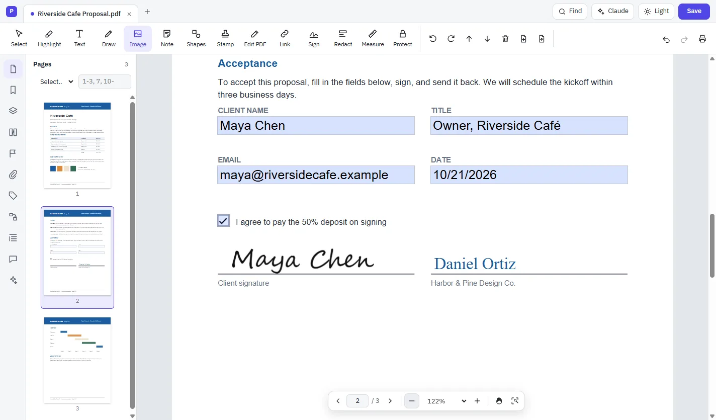 A proposal's acceptance page with name, title, email and date filled in, a checked box and a signature