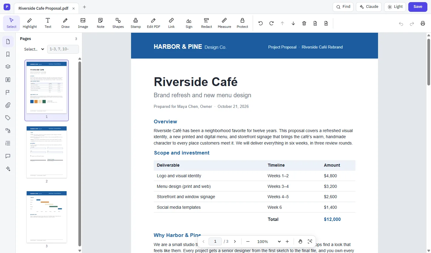 PDF Studio in a browser tab, editing a three-page proposal